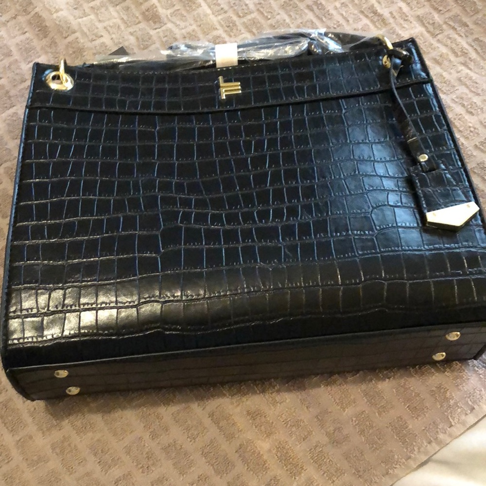 London Fog Brielle Croco Black Satchel with embroidered square design.